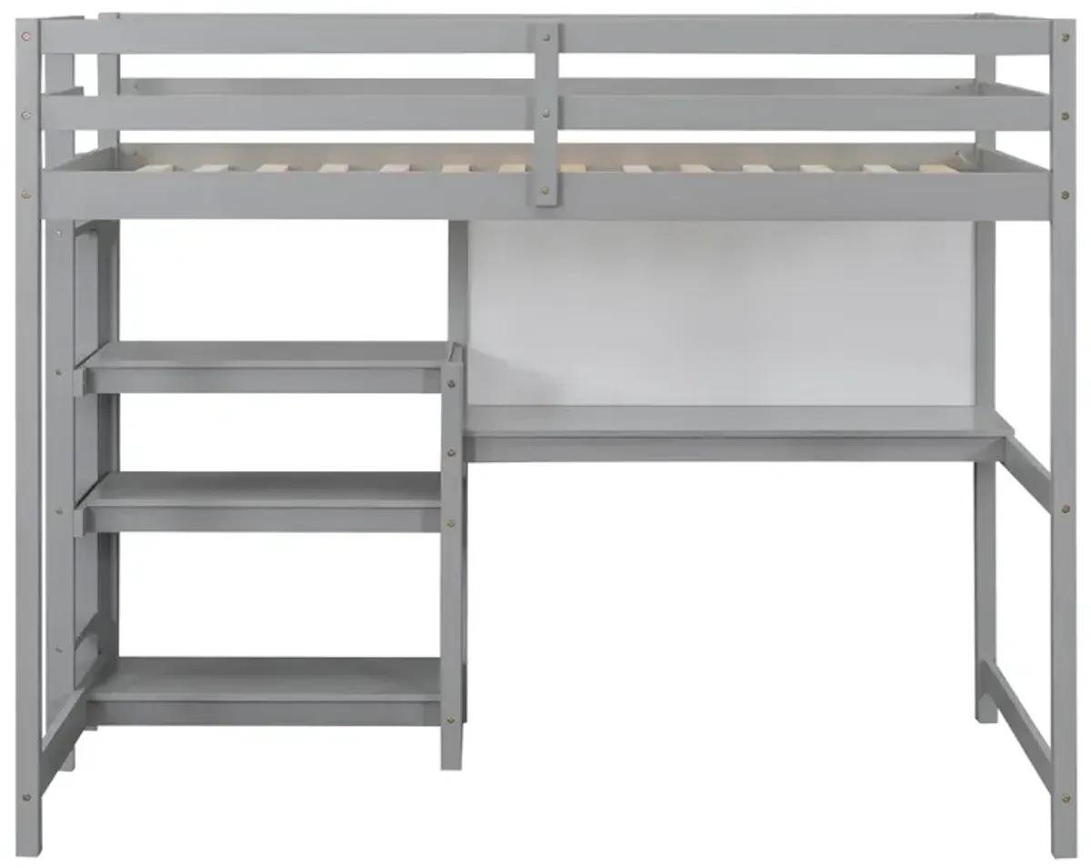 Twin Size Wooden Loft Bed With Shelves, Desk And Writing Board