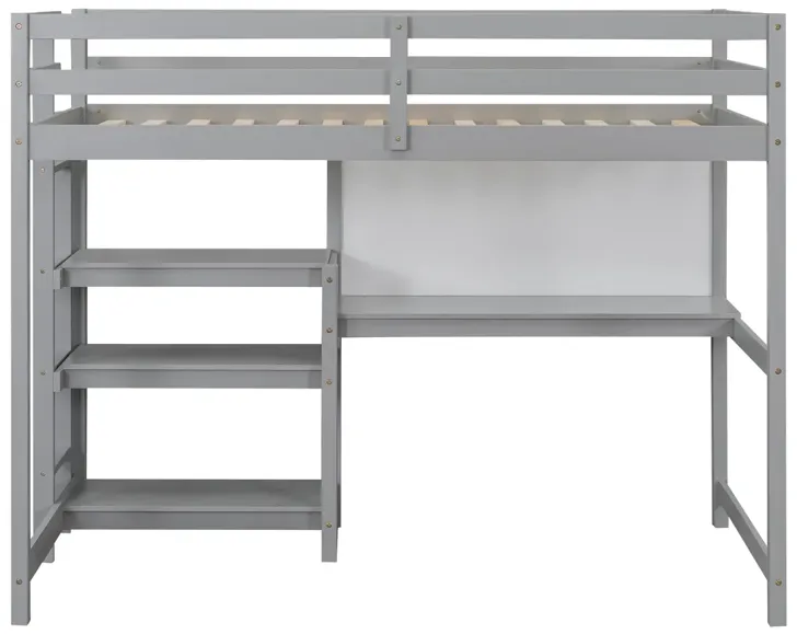 Twin Size Wooden Loft Bed With Shelves, Desk And Writing Board