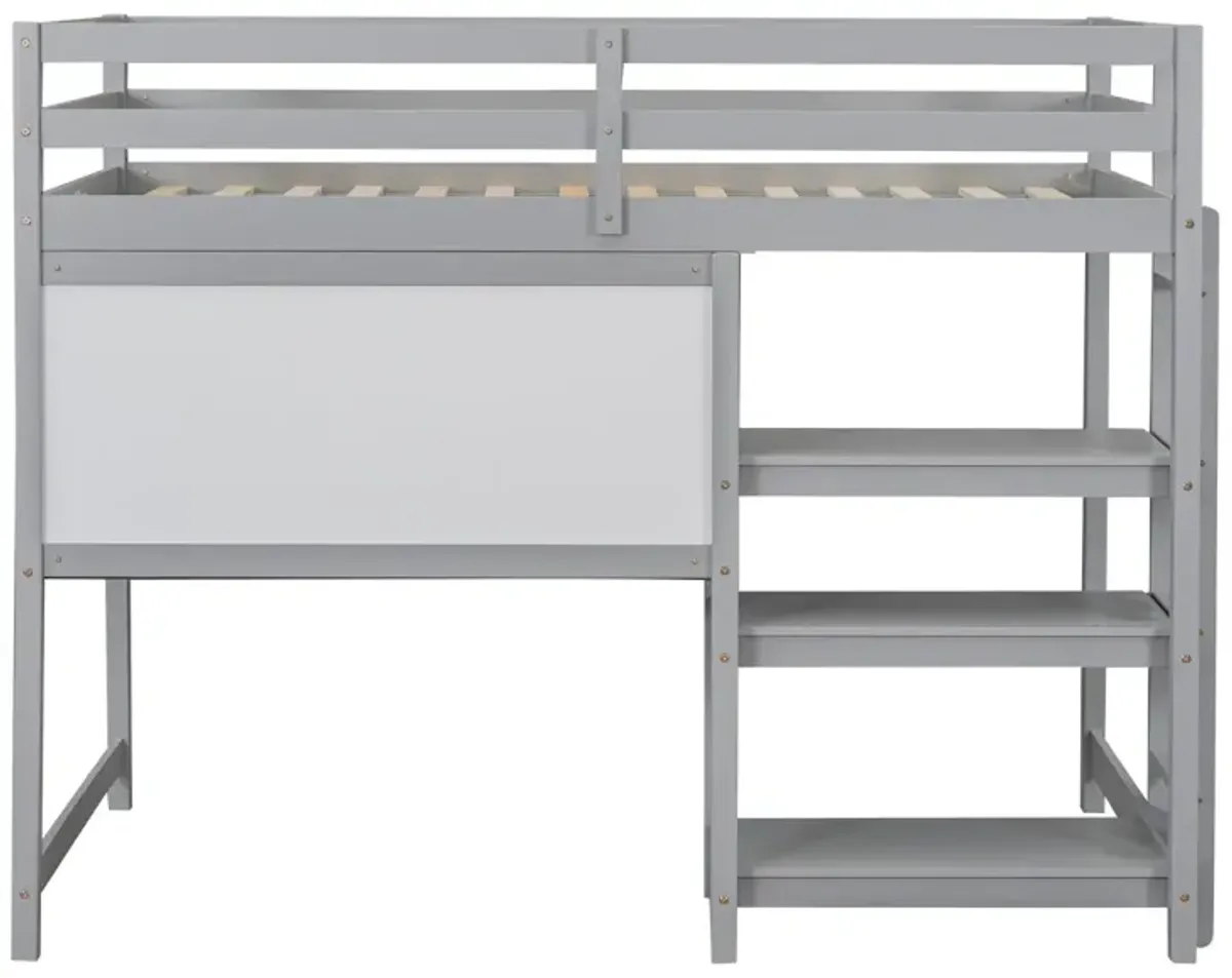 Twin Size Wooden Loft Bed With Shelves, Desk And Writing Board