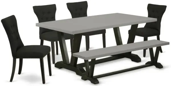 East West Furniture 6-Pc Dining Set - 4 Dining Chairs, a Wood Bench Cement Top and 1 Modern Cement Dining Table Top with Button Tufted Chair Back - Wire Brushed Black Finish