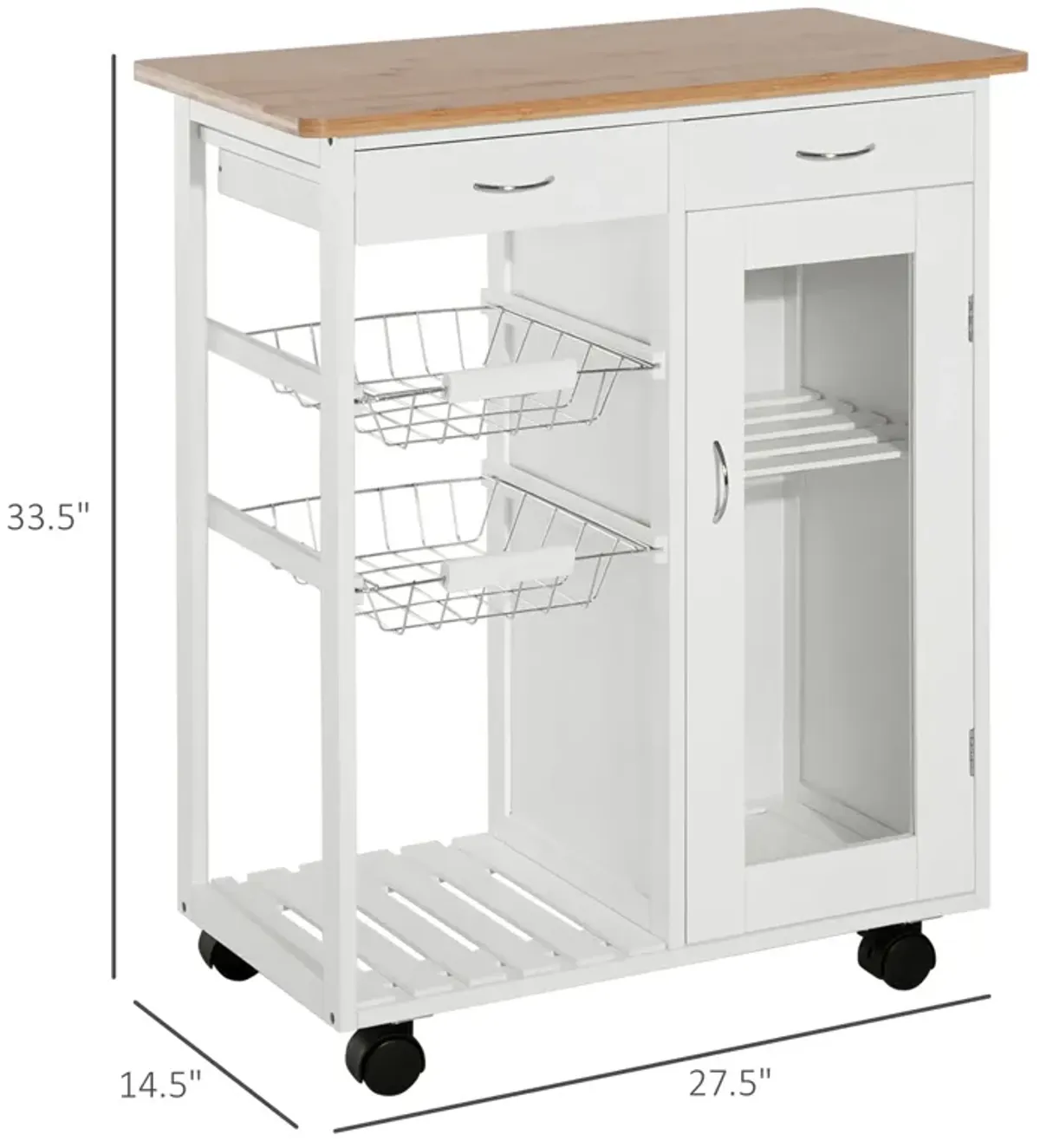 Mobile Kitchen Helper: White Rolling Island Cart with Wood Top and Baskets