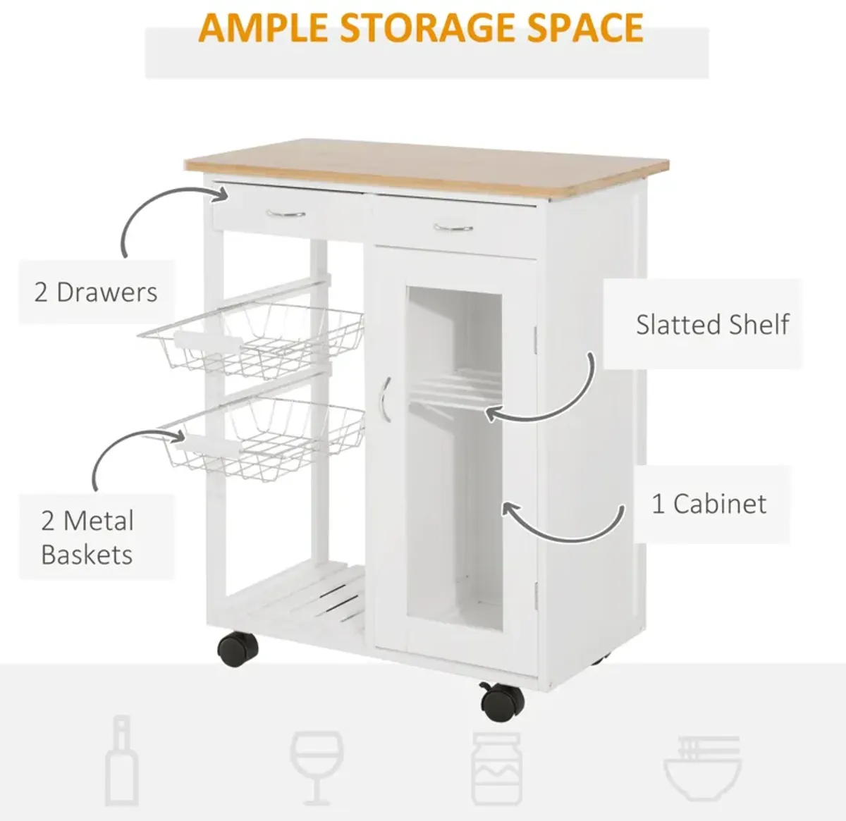 Mobile Kitchen Helper: White Rolling Island Cart with Wood Top and Baskets