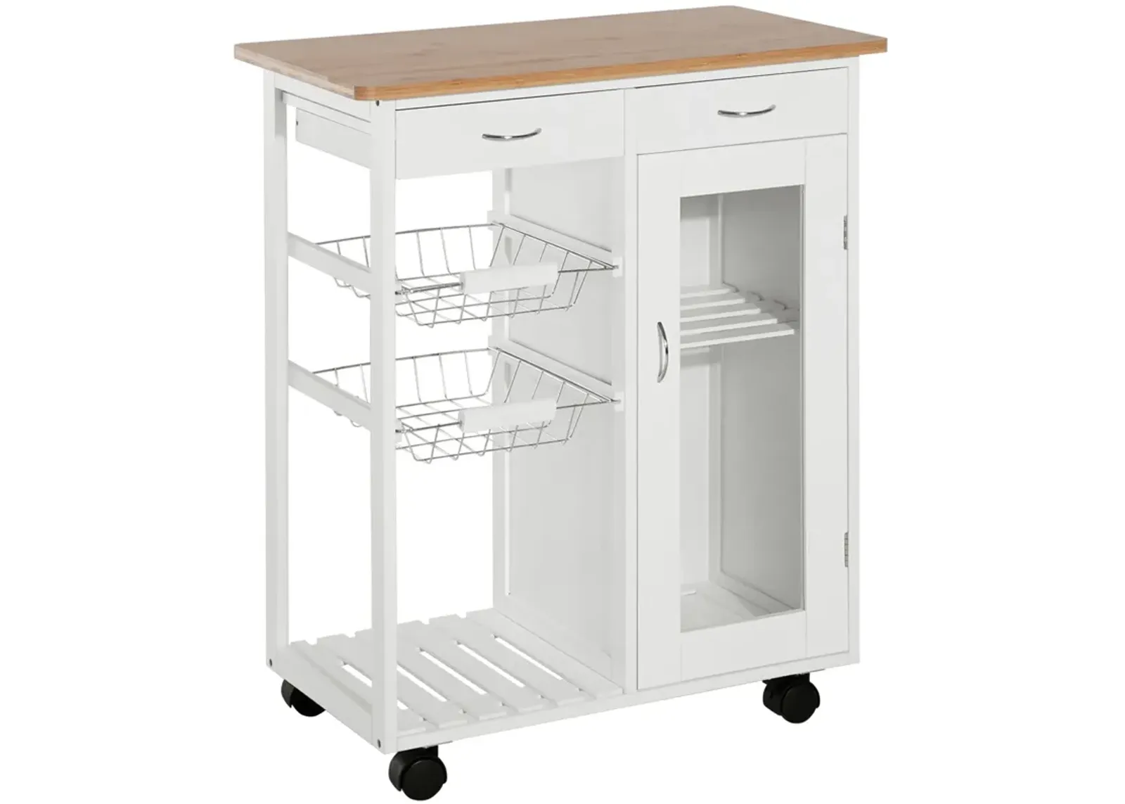 Mobile Kitchen Helper: White Rolling Island Cart with Wood Top and Baskets