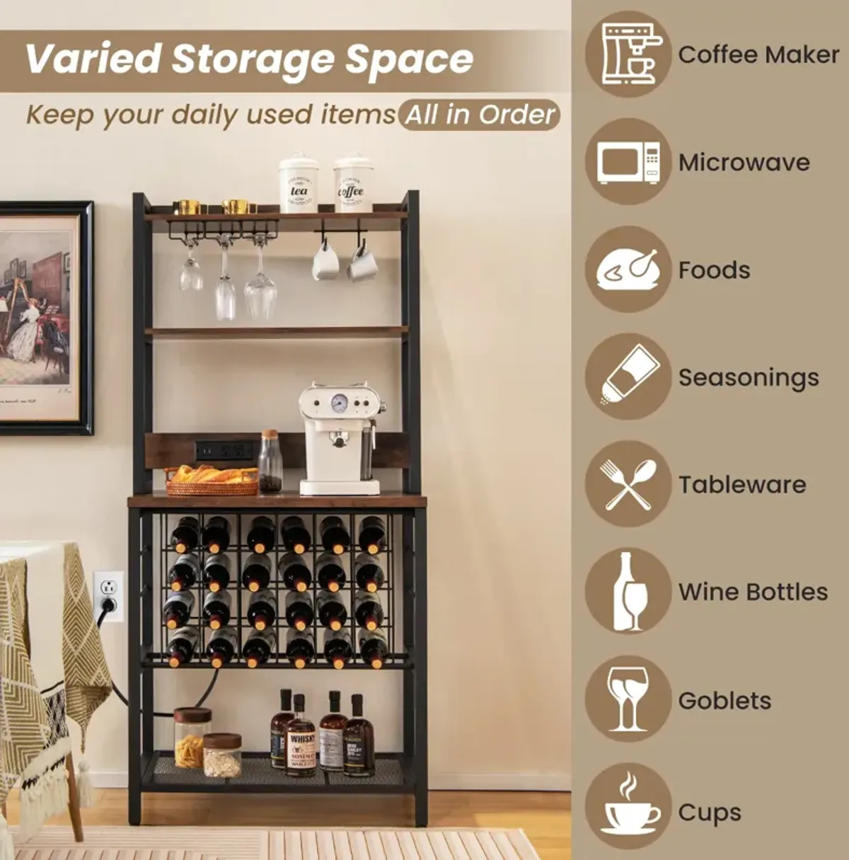 Wine Bar Cabinet Wine Rack with 4 Tier Storage Shelves and Glass Holders-Brown