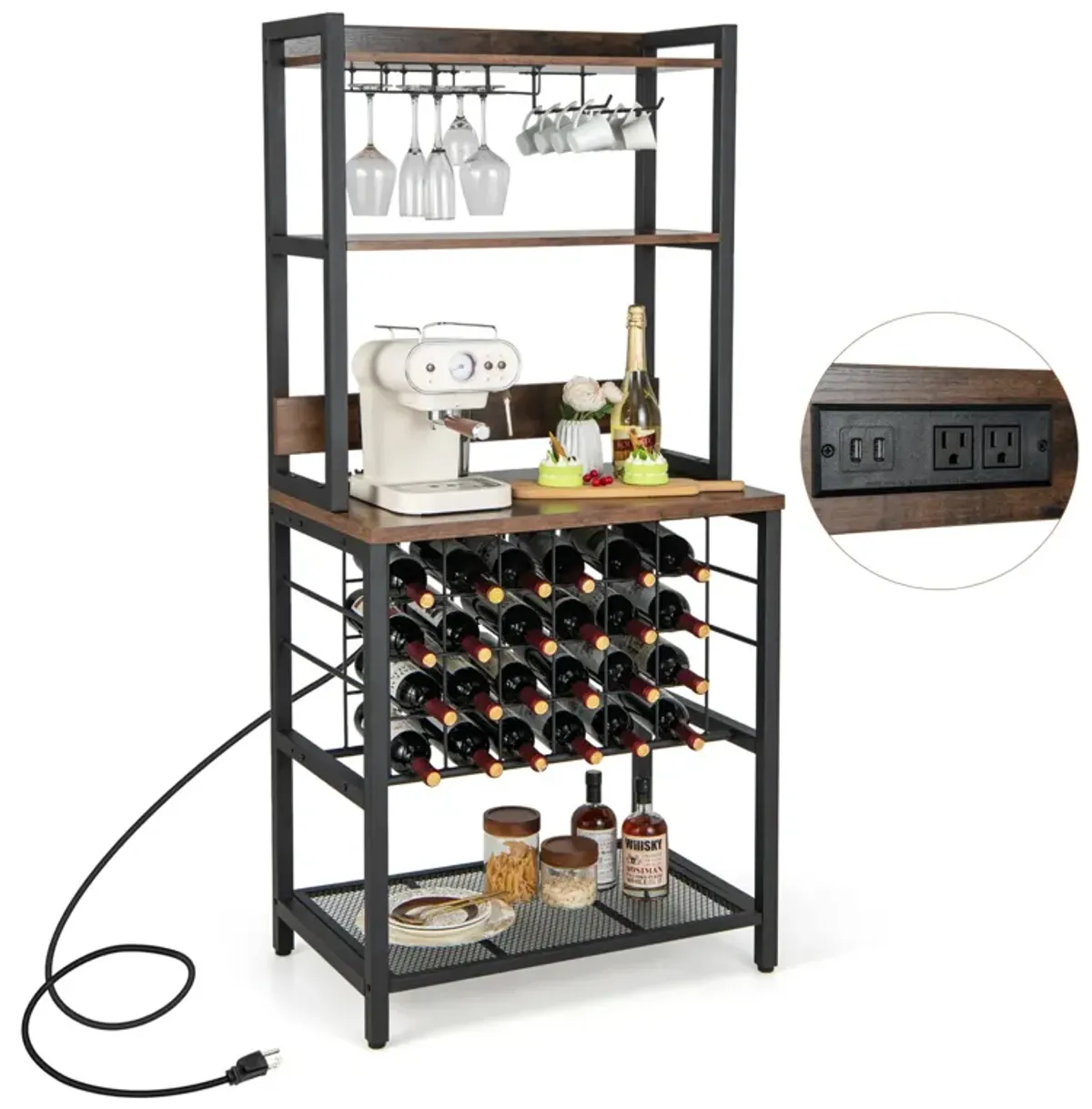 Wine Bar Cabinet Wine Rack with 4 Tier Storage Shelves and Glass Holders-Brown