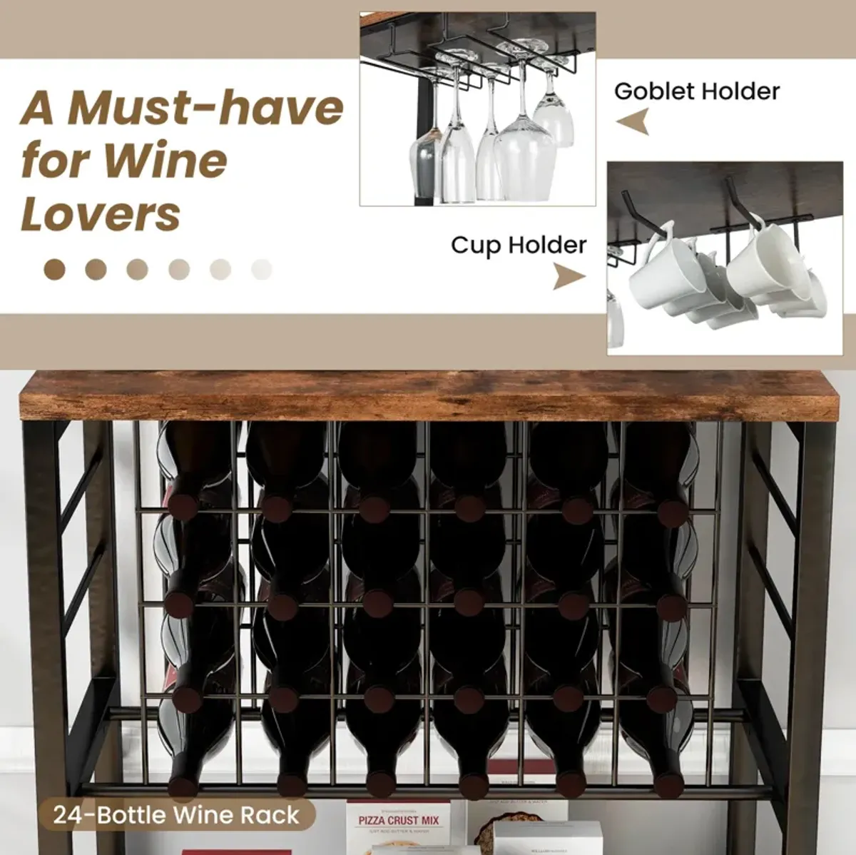 Wine Bar Cabinet Wine Rack with 4 Tier Storage Shelves and Glass Holders-Brown