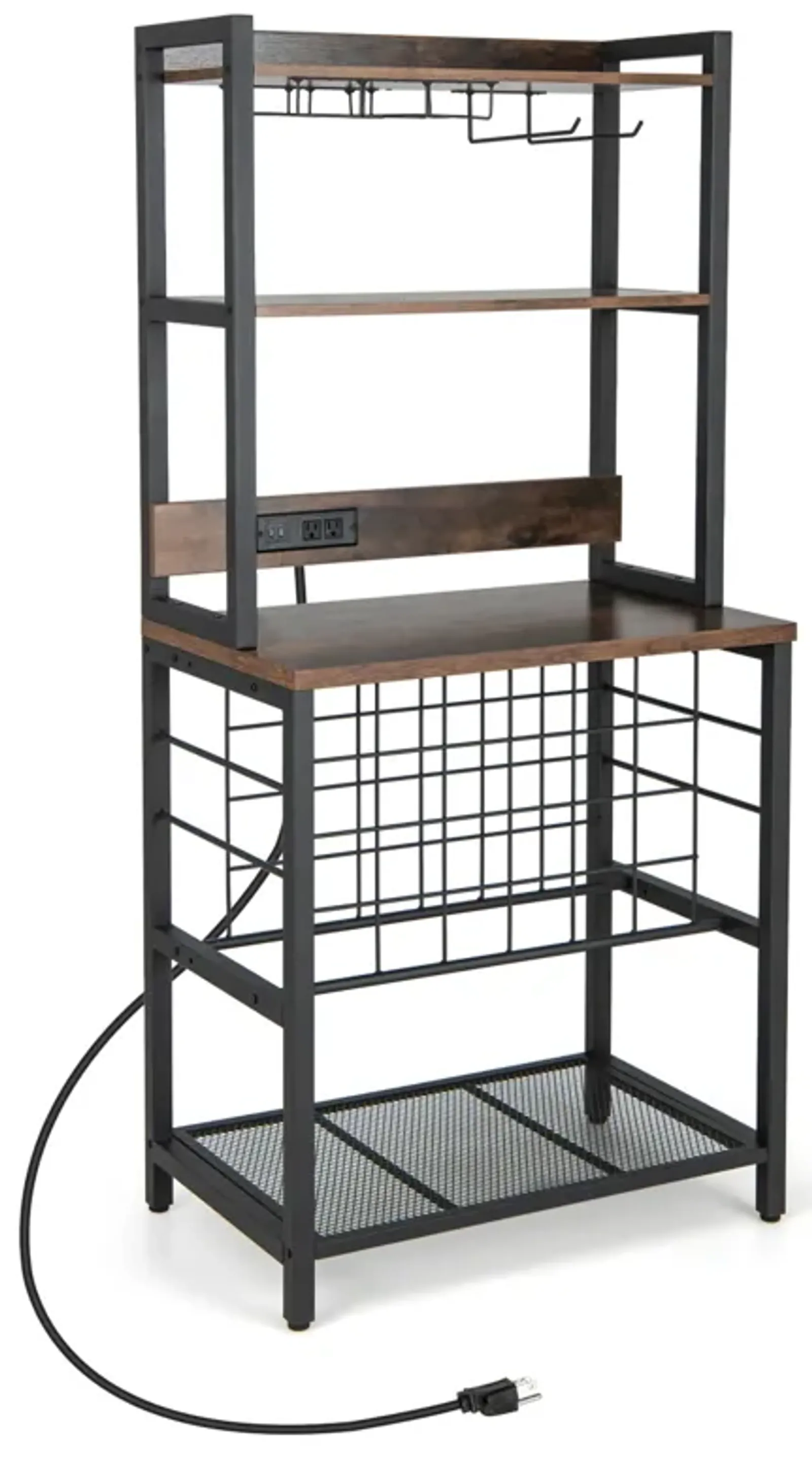 Wine Bar Cabinet Wine Rack with 4 Tier Storage Shelves and Glass Holders-Brown