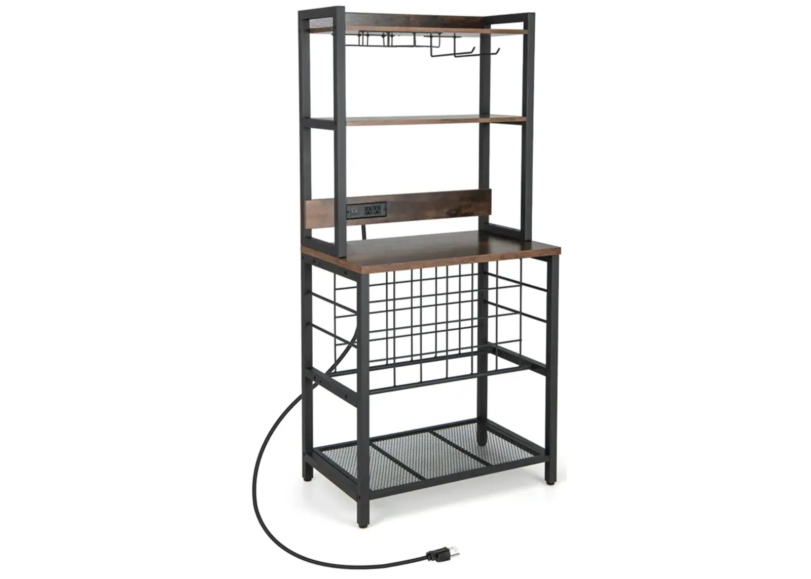 Wine Bar Cabinet Wine Rack with 4 Tier Storage Shelves and Glass Holders-Brown