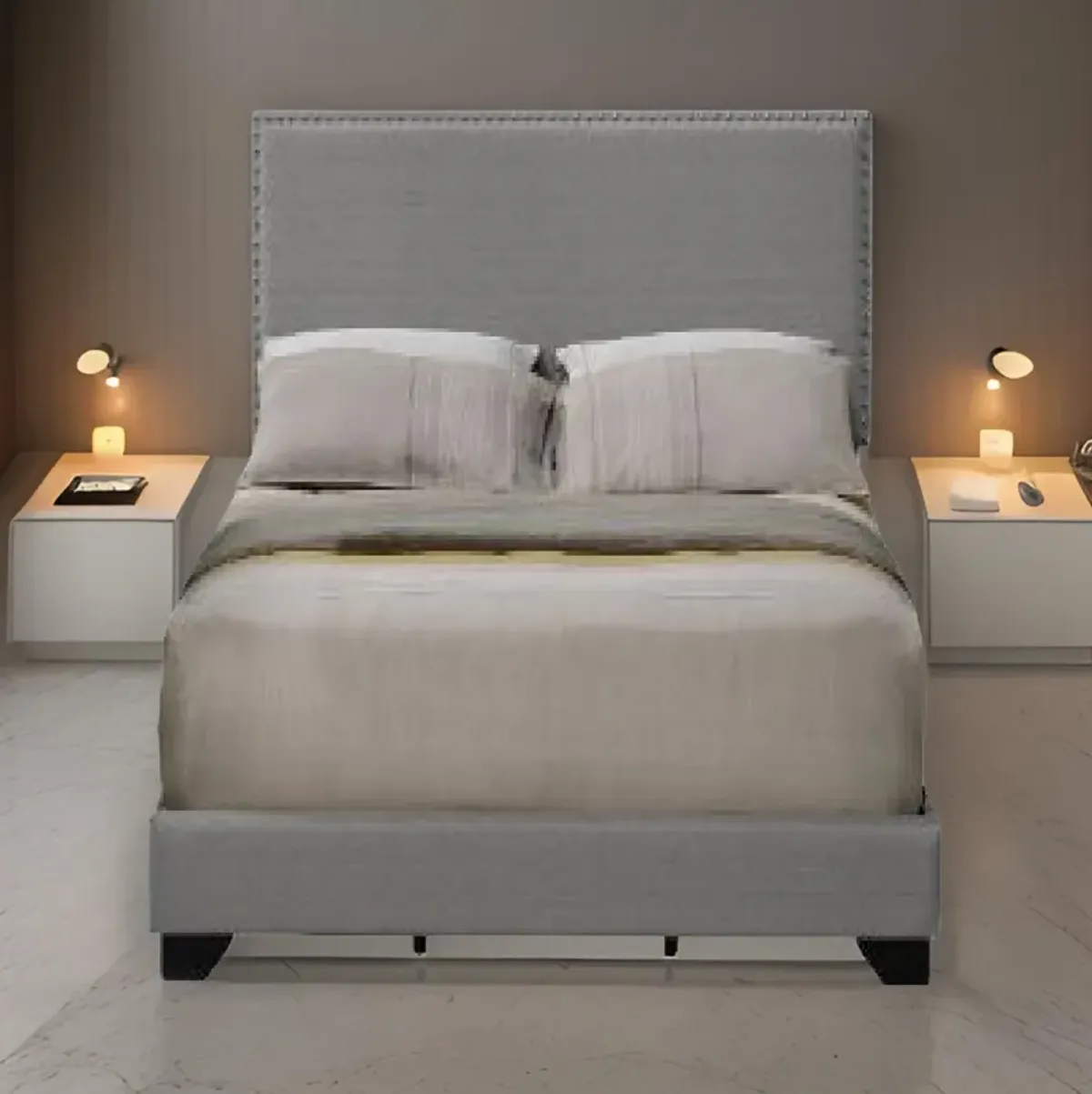 Queen Size Bed with Fabric Upholstery and Nailhead Accent, Gray-Benzara