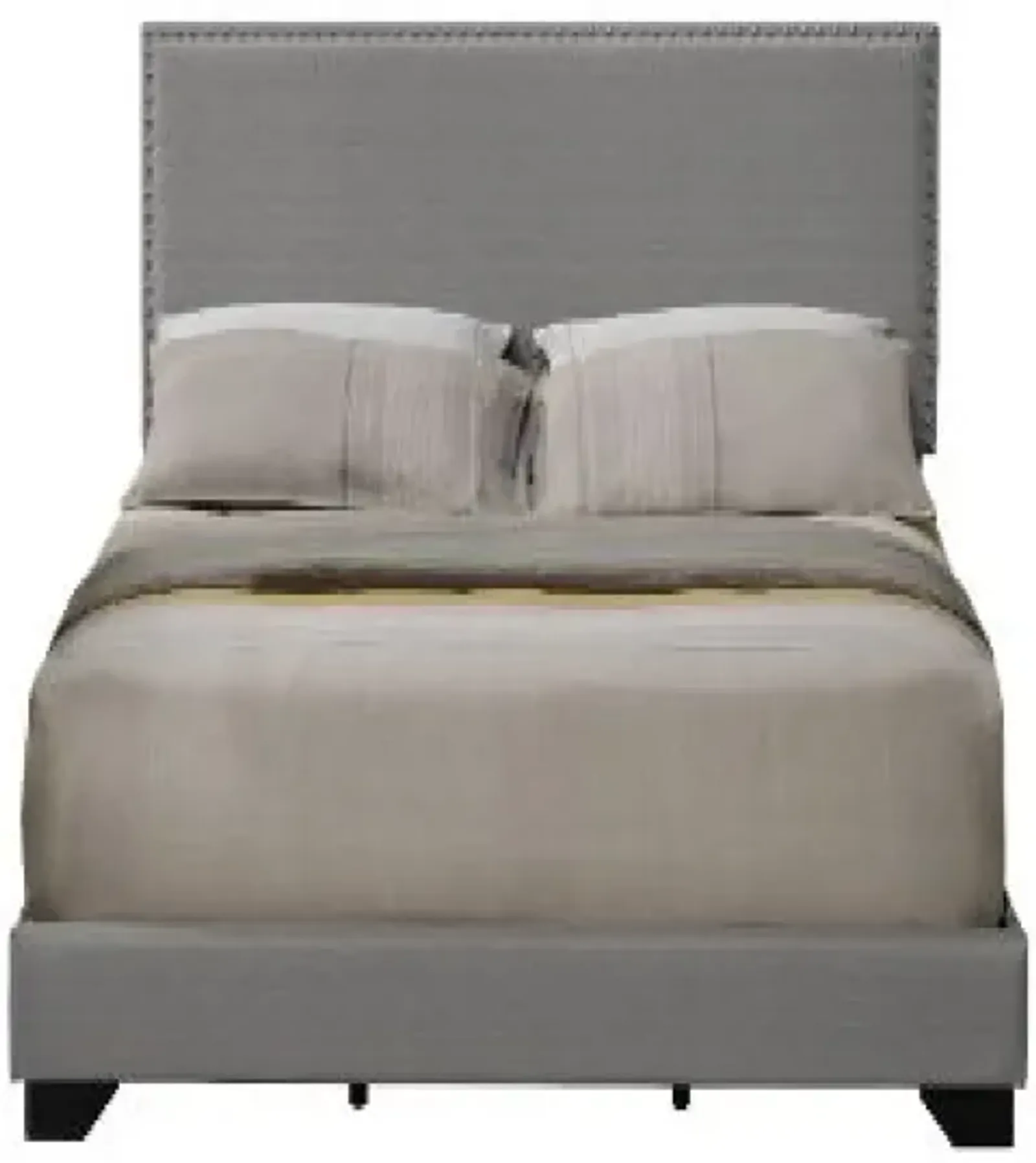 Queen Size Bed with Fabric Upholstery and Nailhead Accent, Gray-Benzara