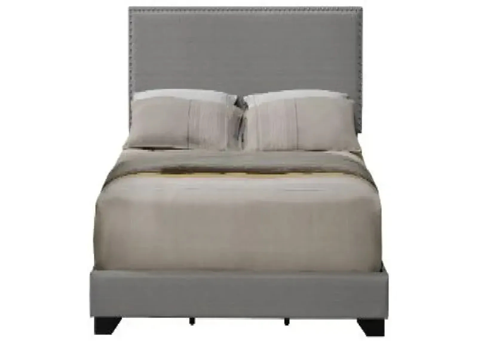 Queen Size Bed with Fabric Upholstery and Nailhead Accent, Gray-Benzara