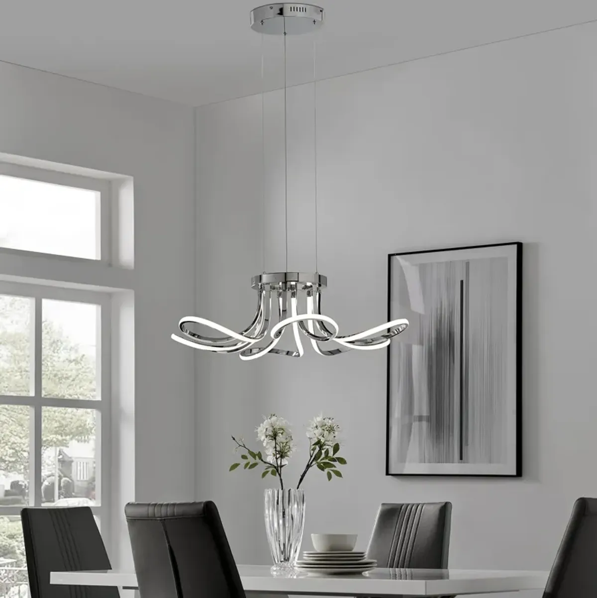 6 Petal Flower Chandelier Chrome Metal Integrated LED Dimmable