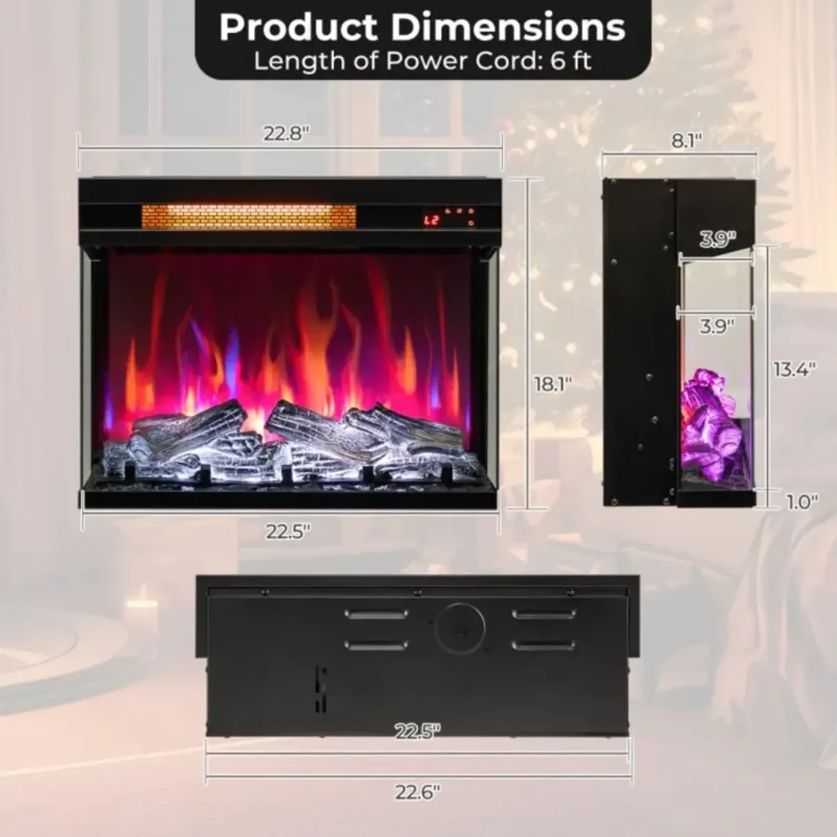 Hivvago 23 Inch 3-Sided Electric Fireplace 1500W Recessed Fireplace Insert-Black