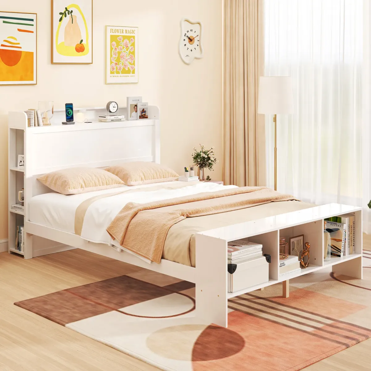 LED Headboard Bed Frame with 2 USB Ports and Hidden Storage Shelf