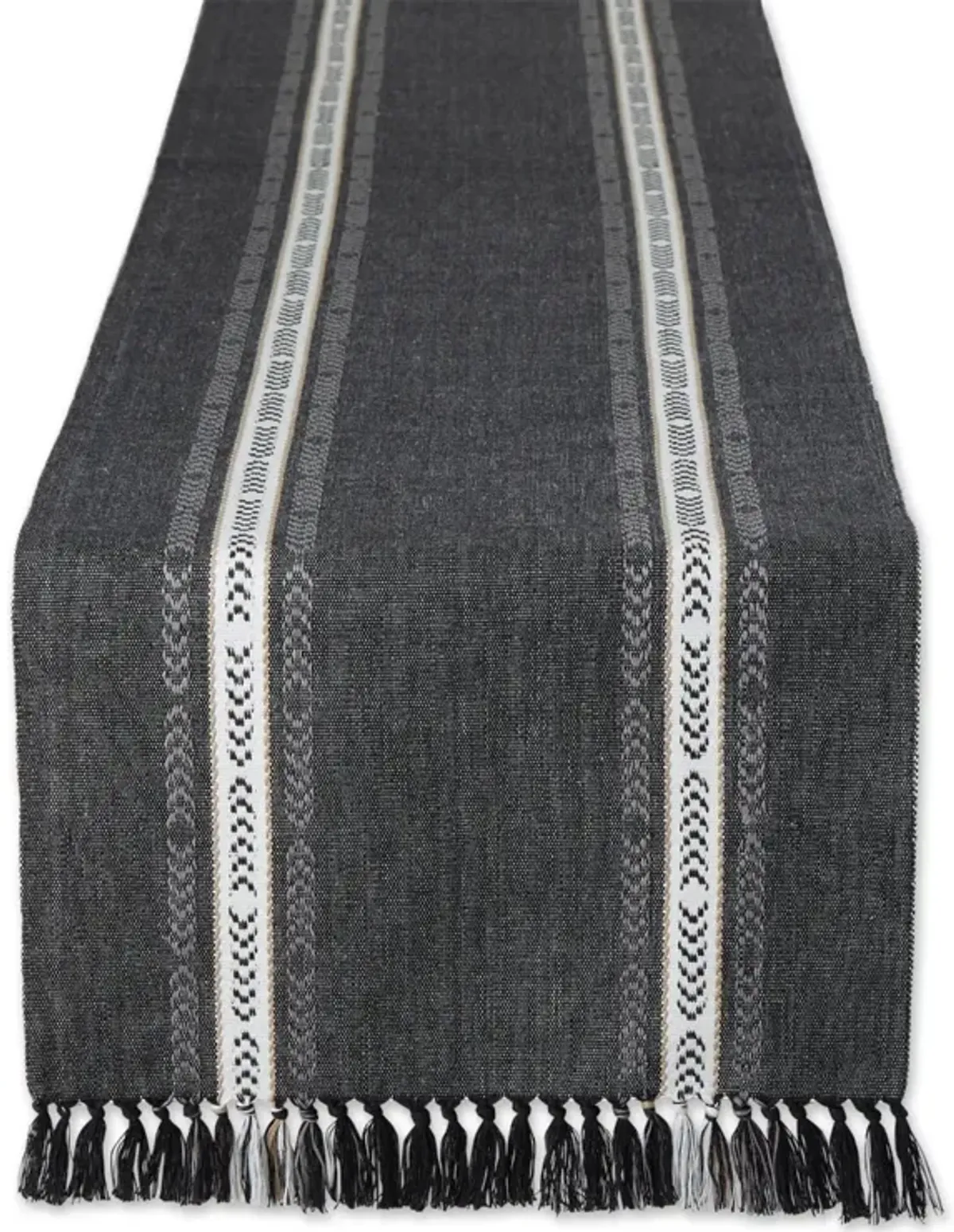 72" Black and White Striped Fringe Ribbed Table Runner