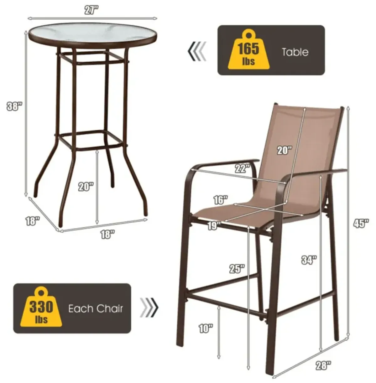 Hivvago 3 Pieces Outdoor Patio Bar Table Stool Set