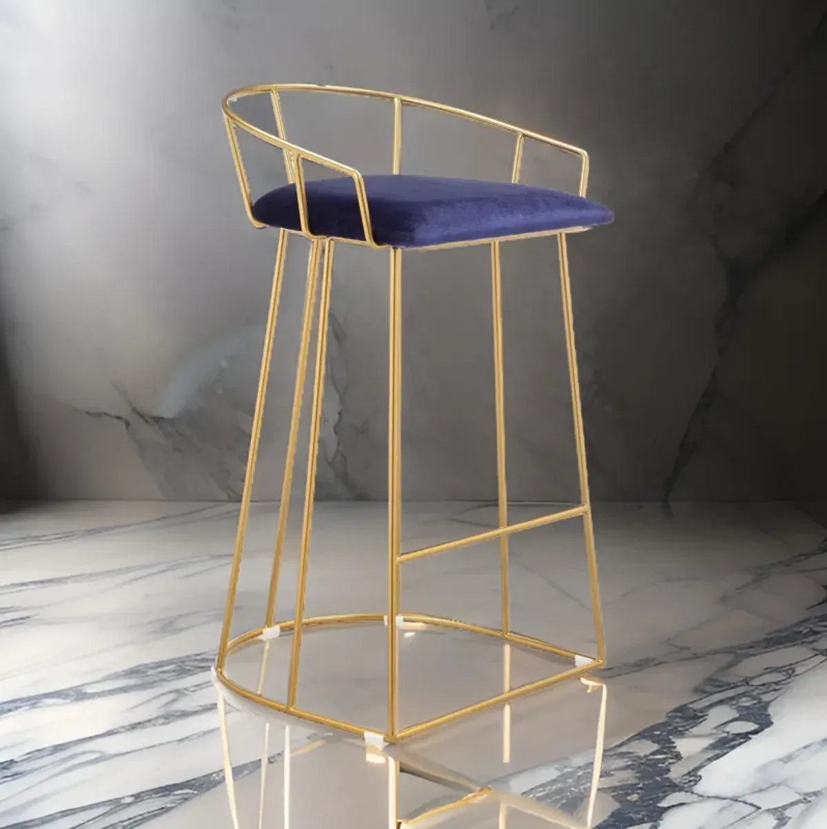 Cato 27 Inch Counter Stool Chair, Blue Velvet, Gold Steel Open Metal Frame - Benzara