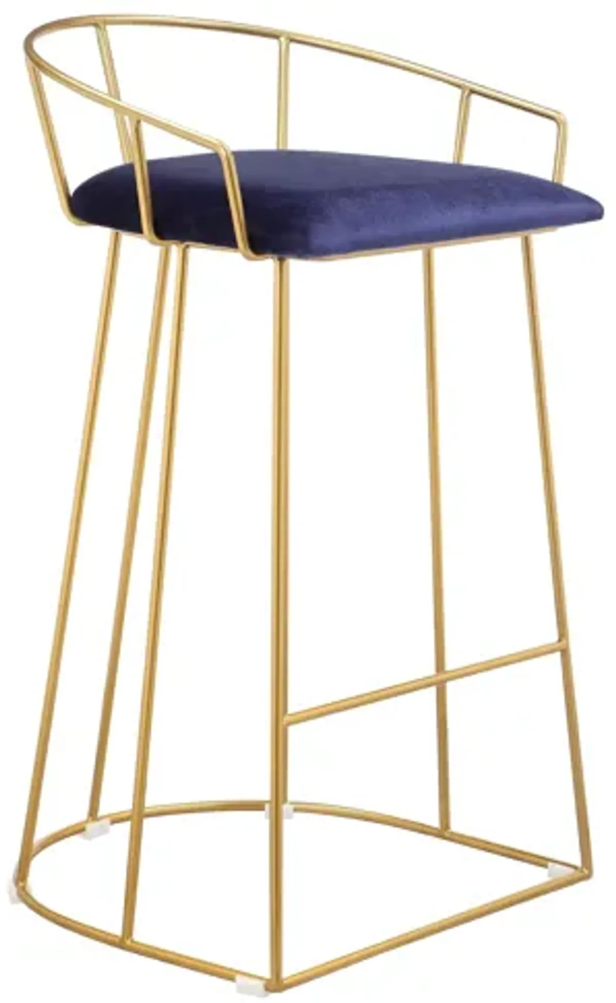 Cato 27 Inch Counter Stool Chair, Blue Velvet, Gold Steel Open Metal Frame - Benzara