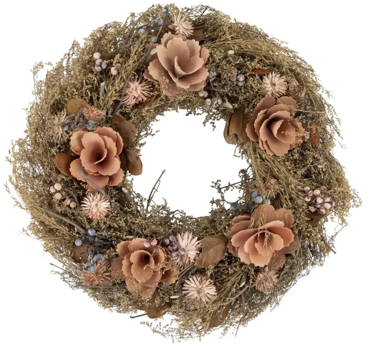 Orange and Coral Pink Twig and Floral Autumn Harvest Wreath  13.75-Inch  Unlit