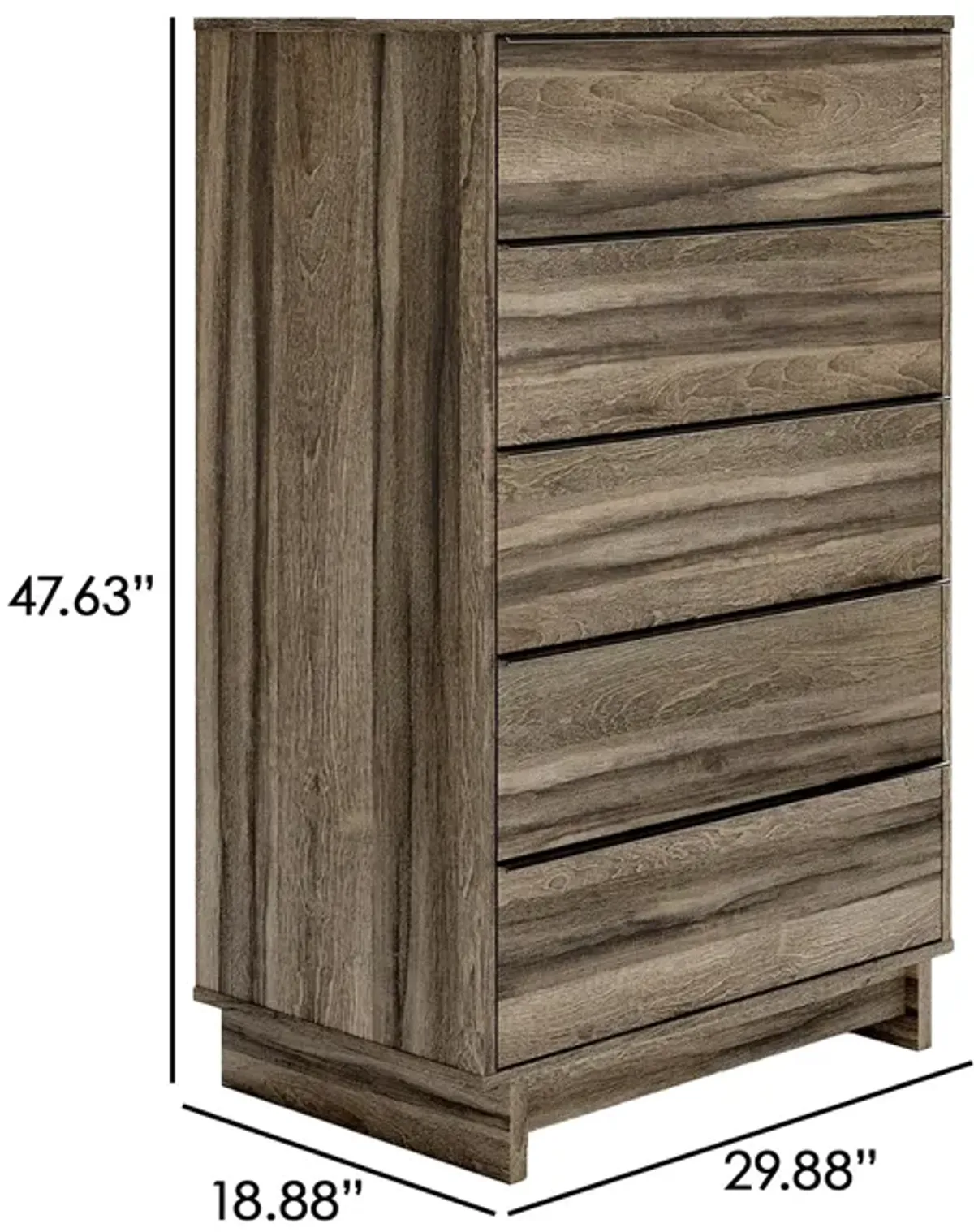 48 Inch Modern 5 Drawer Tall Dresser Chest, Rustic Weathered Brown Frame-Benzara