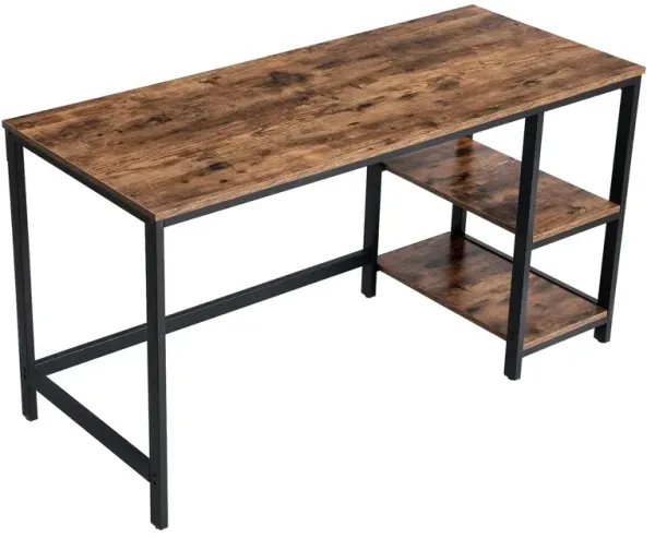 Ann 55 Inch Office Writing Computer Desk, Rustic, 2 Shelves, Steel, Brown-Benzara