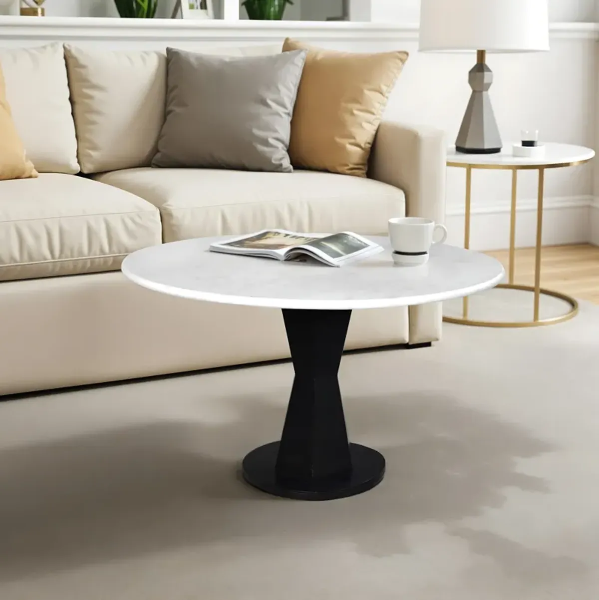 Riko 27" Coffee Table, White Marble Top on Modern Iron Stand, Round Table,