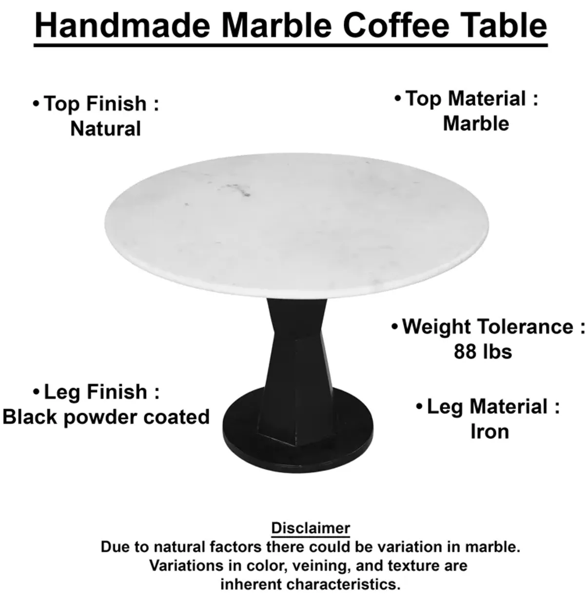 Riko 27" Coffee Table, White Marble Top on Modern Iron Stand, Round Table,