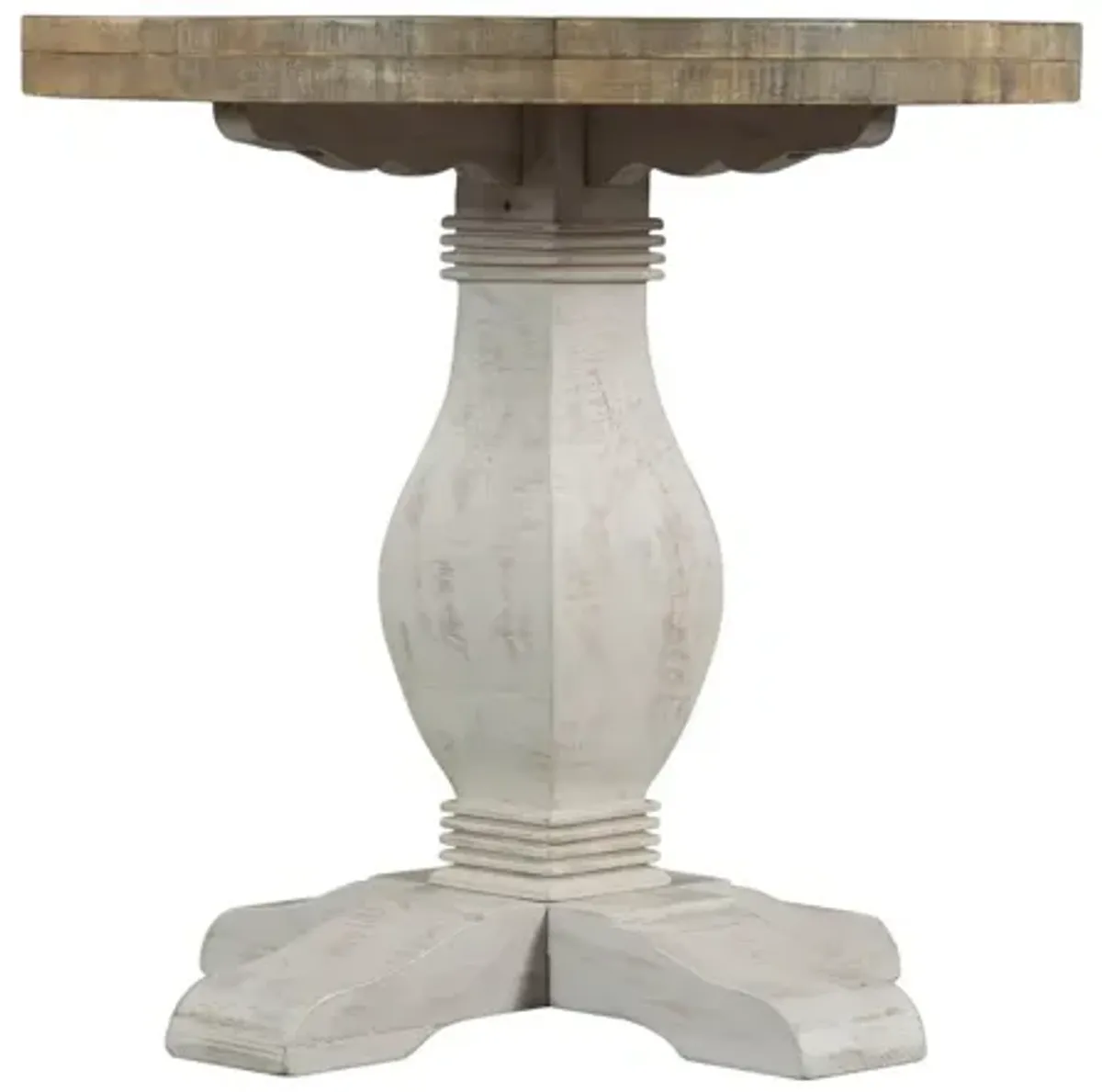 26 Inch Round End Table with Pedestal Base, Brown and White-Benzara