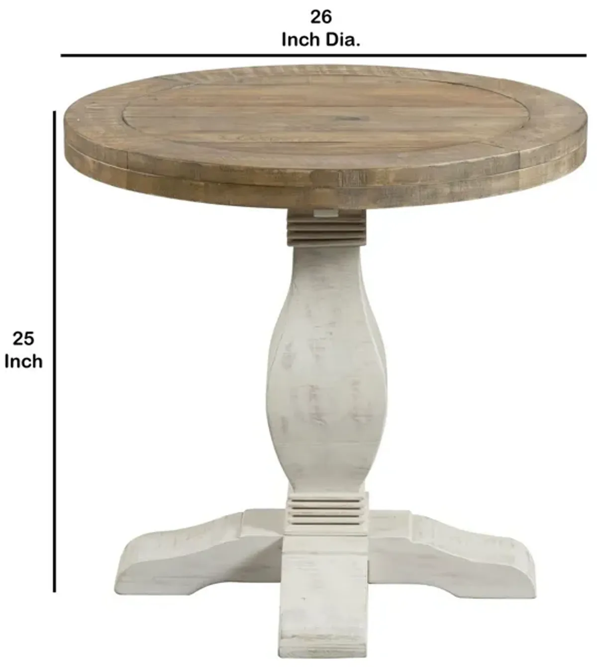 26 Inch Round End Table with Pedestal Base, Brown and White-Benzara