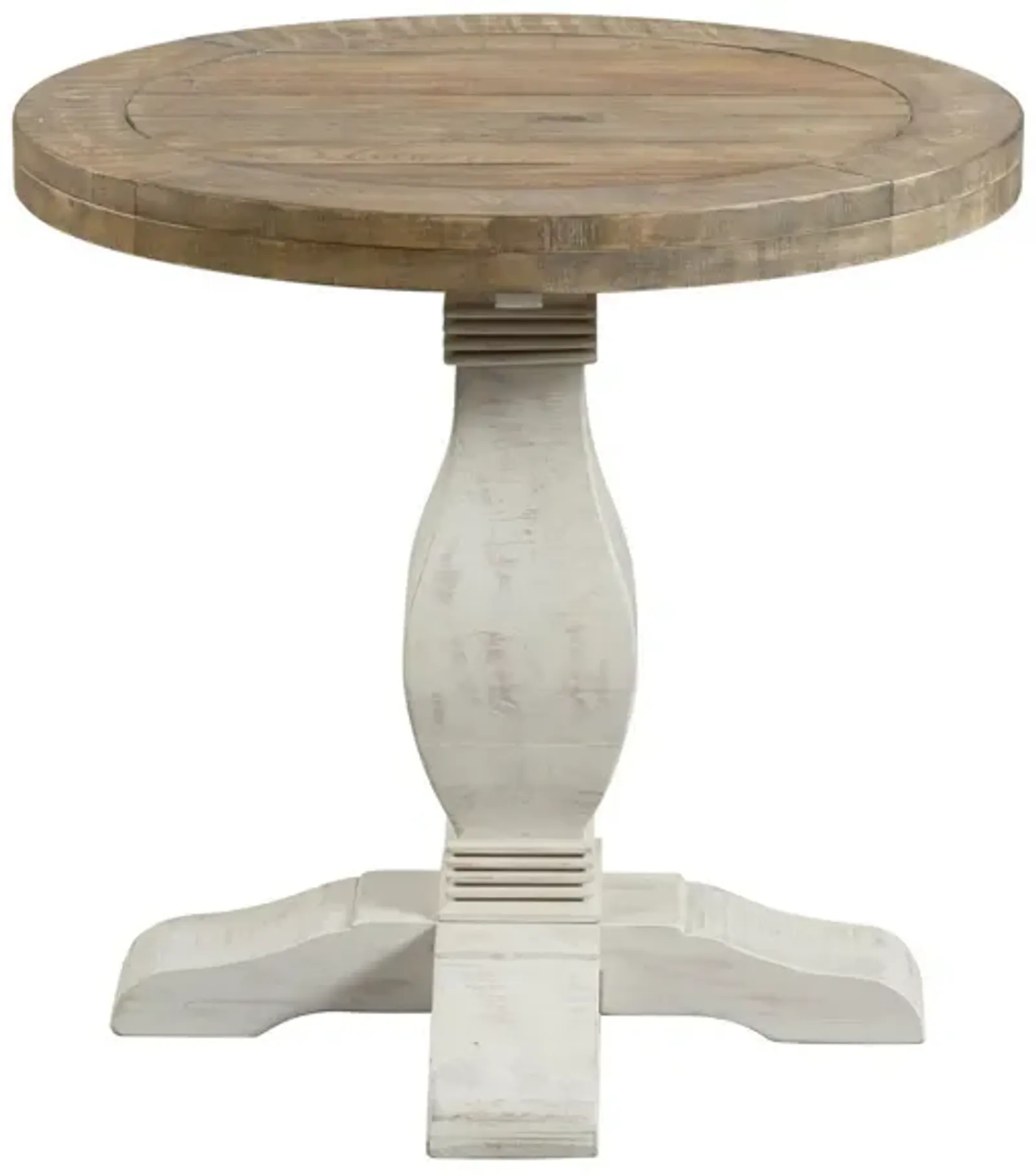 26 Inch Round End Table with Pedestal Base, Brown and White-Benzara