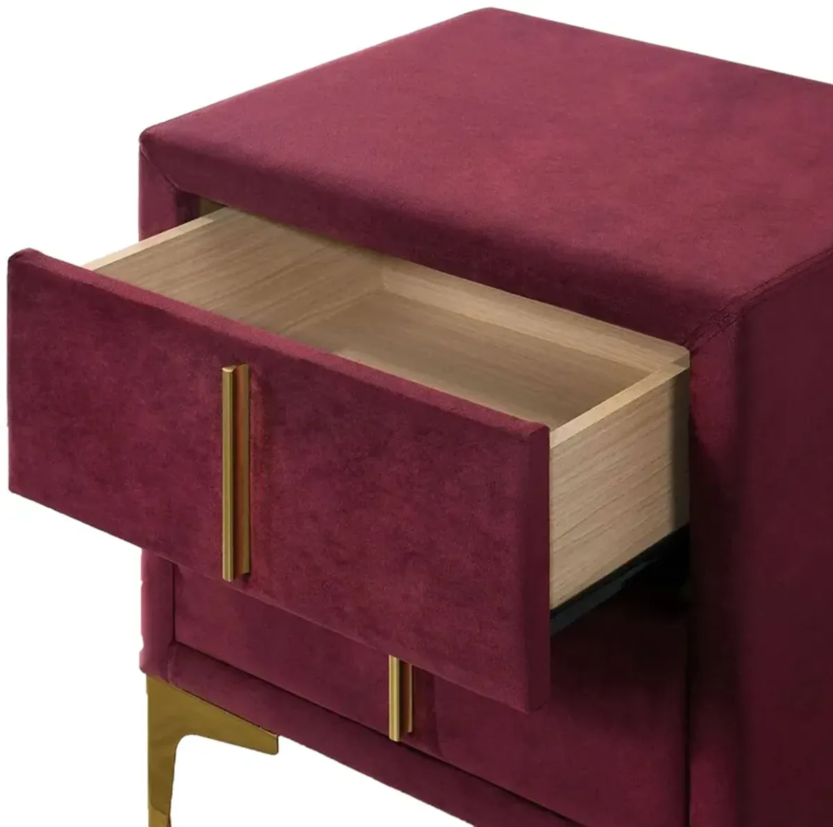 Bios 24 Inch Nightstand, 2 Drawers, Red Vegan Faux Leather, Gold Accents-Benzara