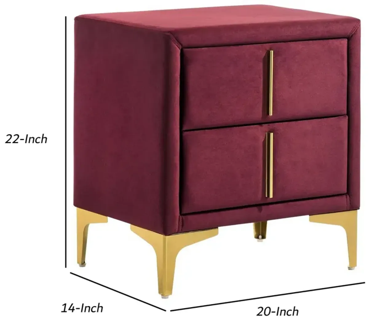 Bios 24 Inch Nightstand, 2 Drawers, Red Vegan Faux Leather, Gold Accents-Benzara