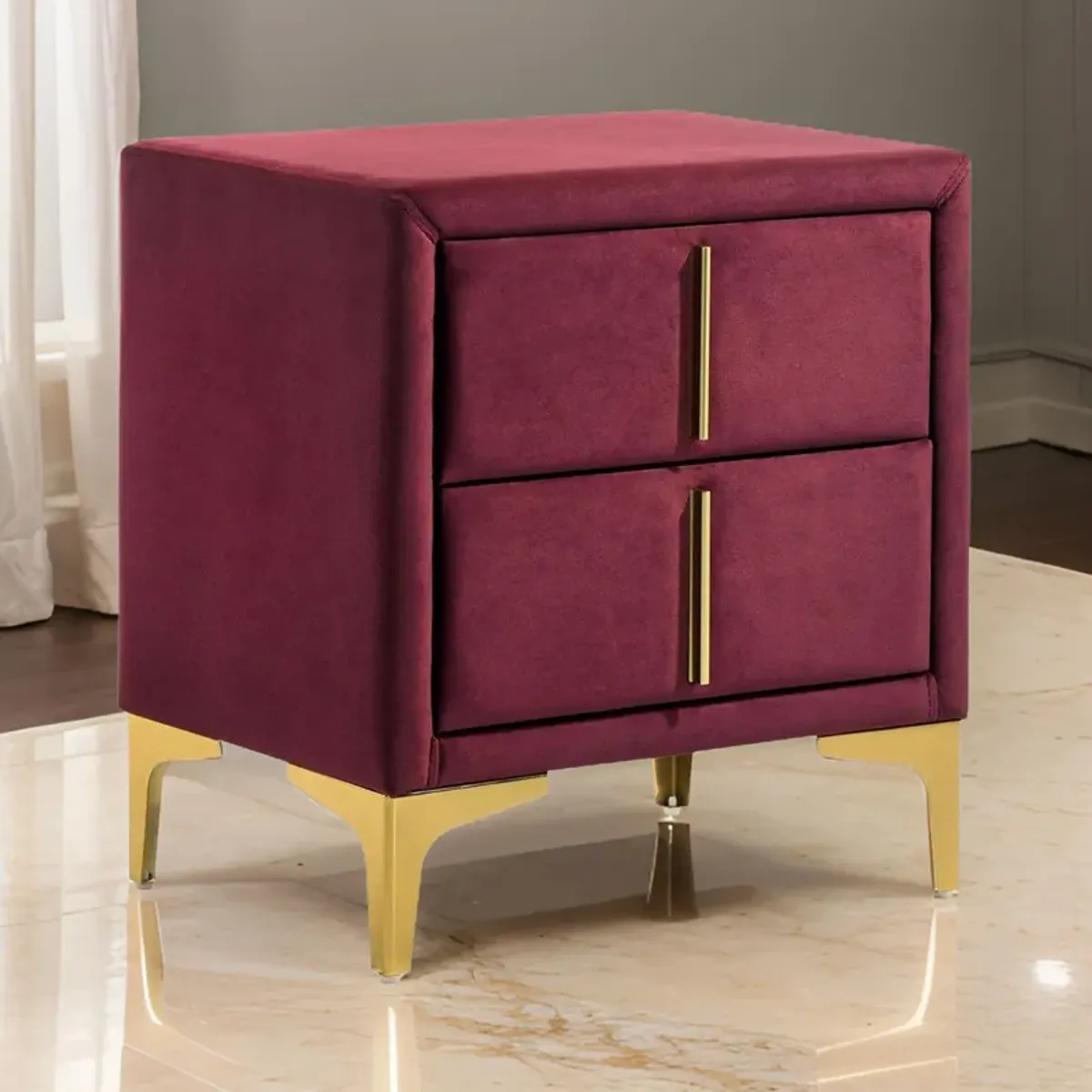 Bios 24 Inch Nightstand, 2 Drawers, Red Vegan Faux Leather, Gold Accents-Benzara