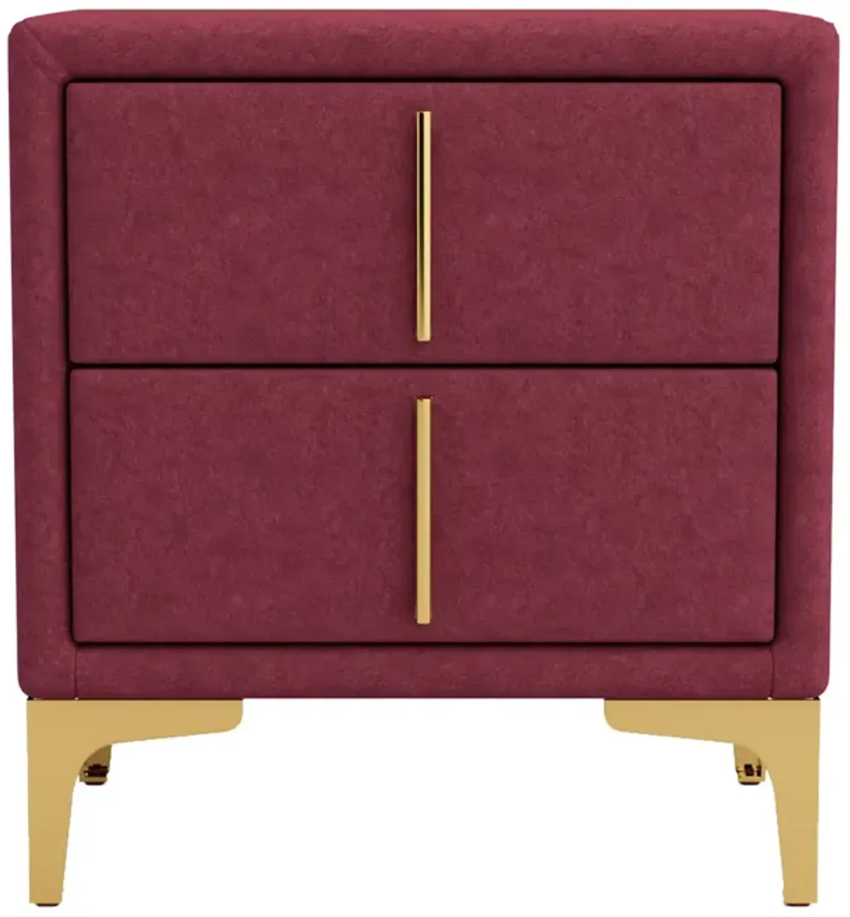 Bios 24 Inch Nightstand, 2 Drawers, Red Vegan Faux Leather, Gold Accents-Benzara