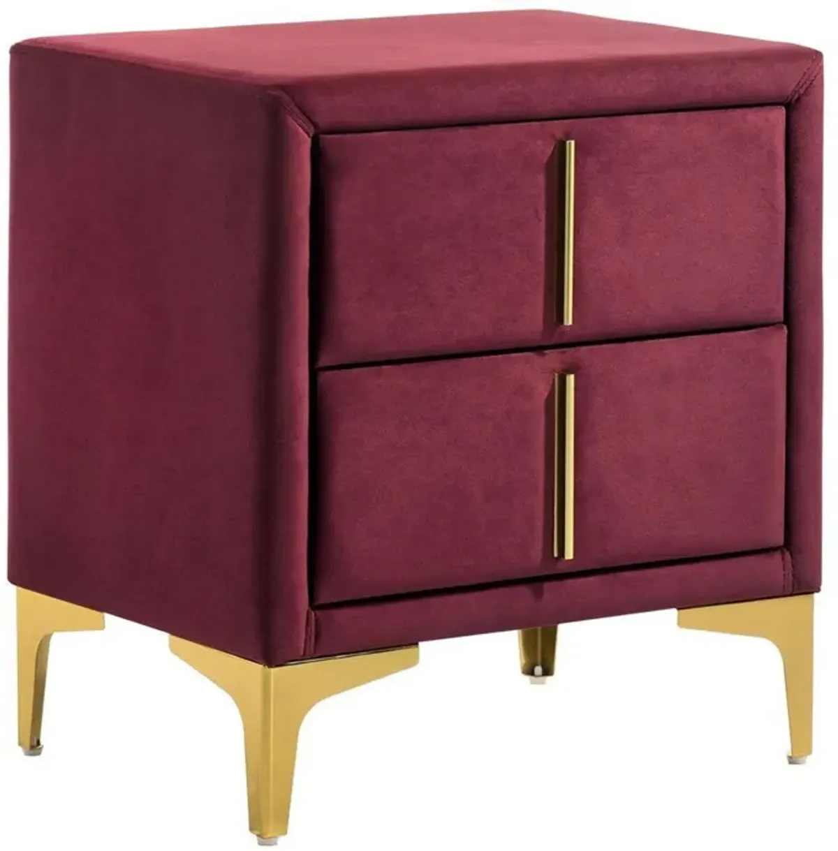 Bios 24 Inch Nightstand, 2 Drawers, Red Vegan Faux Leather, Gold Accents-Benzara