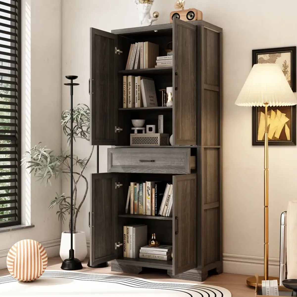 FUFU&GAGA Modern Light Wood Bookcase – 4 Doors & 1 Drawer, Sturdy P2-Grade MDF Storage Cabinet (31.5" W x 15.7" D x 78.7" H), Light Wood