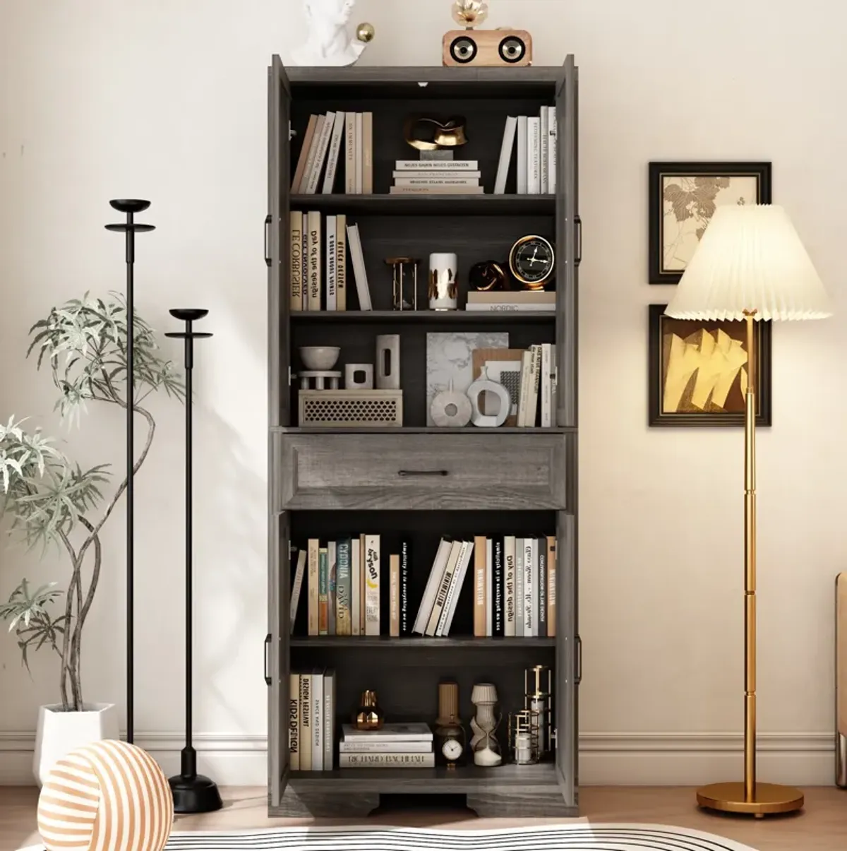 FUFU&GAGA Modern Light Wood Bookcase – 4 Doors & 1 Drawer, Sturdy P2-Grade MDF Storage Cabinet (31.5" W x 15.7" D x 78.7" H), Light Wood