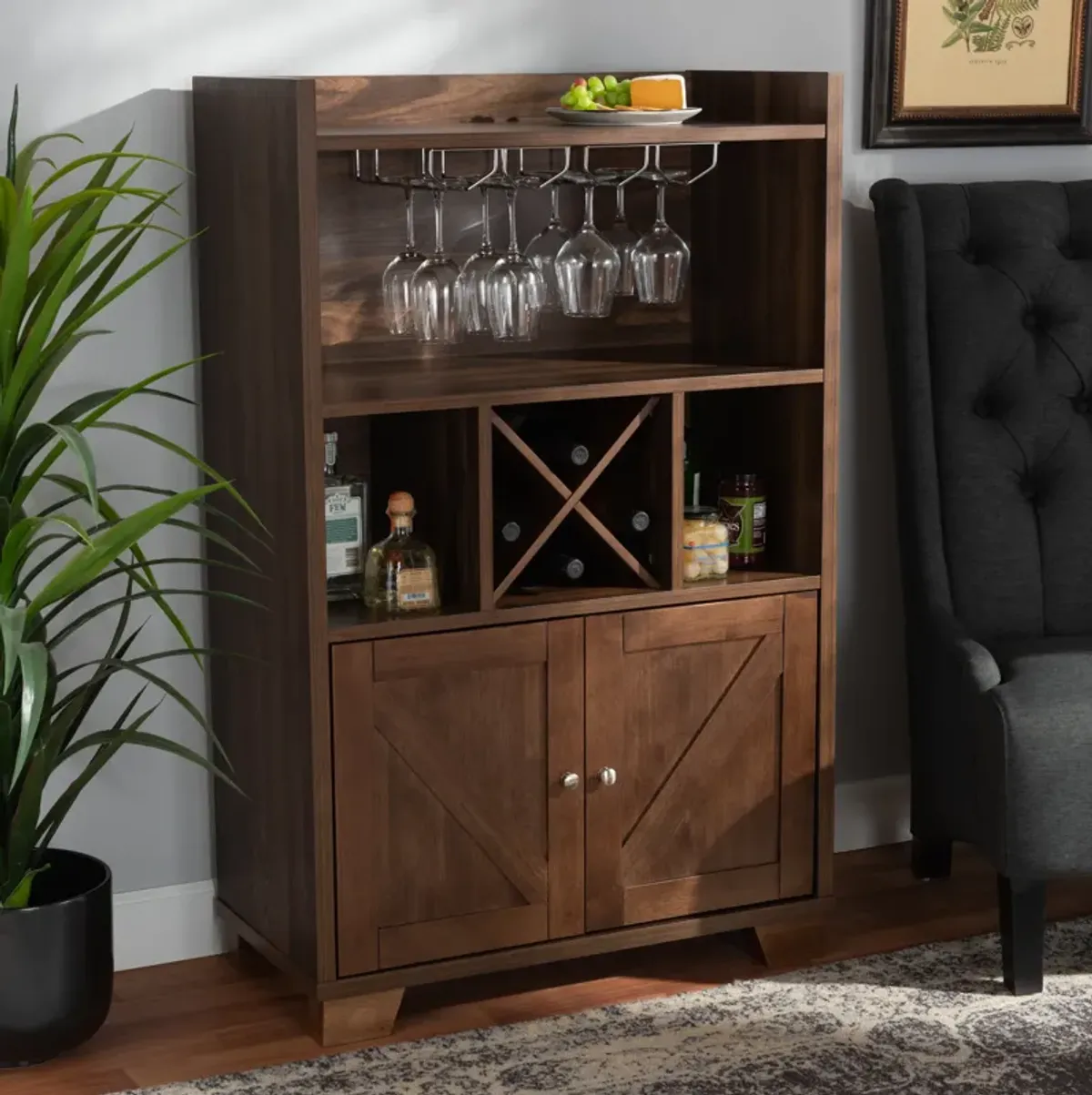 Baxton Studio Carrie Transitional Farmhouse Walnut Brown Finished Wood Wine Storage Cabinet