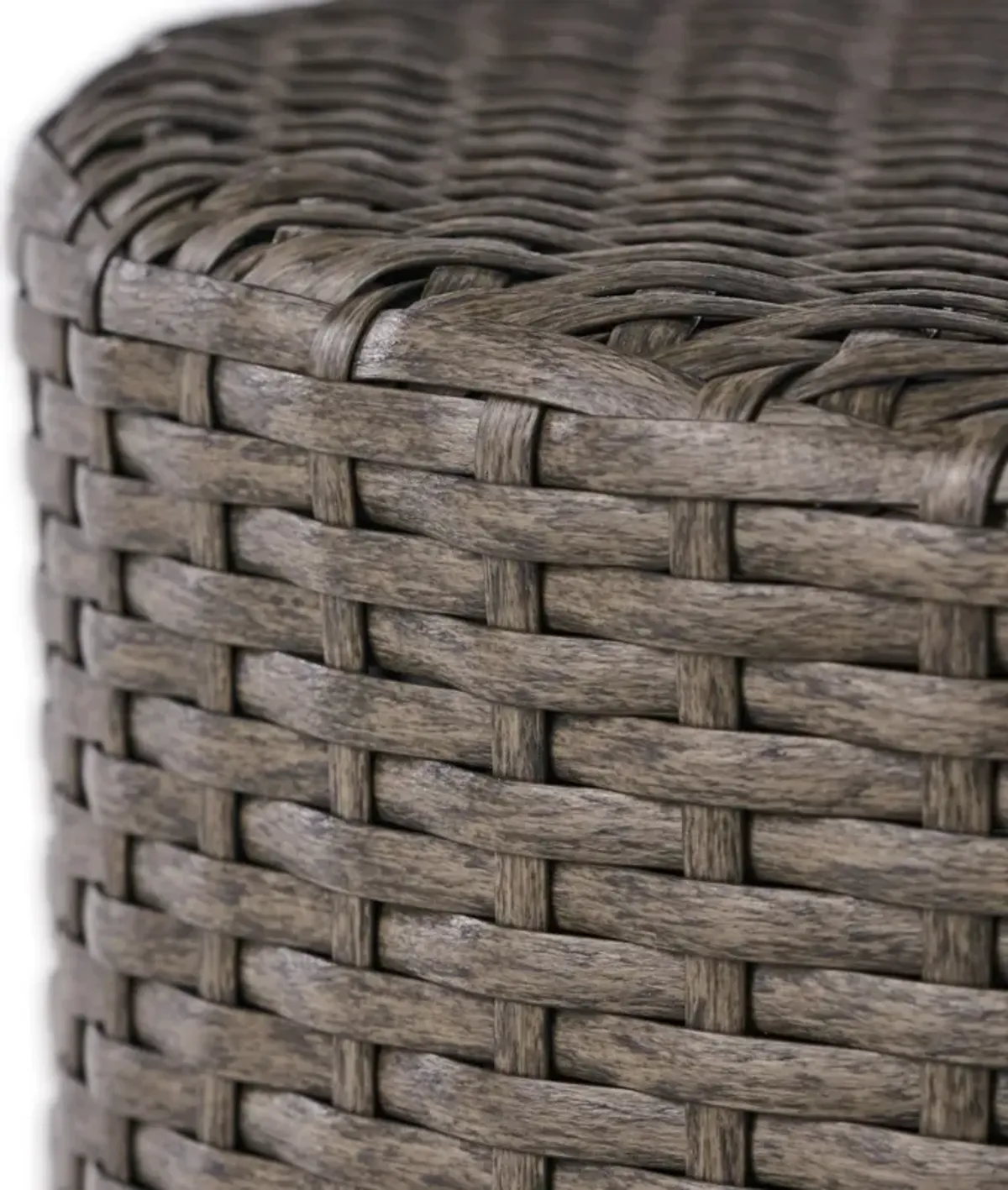 Olum Outdoor Side Table, Barrel Shape, Gray PE Rattan, Iron, 18 Inch - Benzara