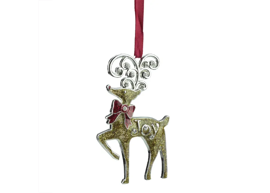 3.75" Gold and Red European Glitter "Joy" Reindeer Christmas Ornament