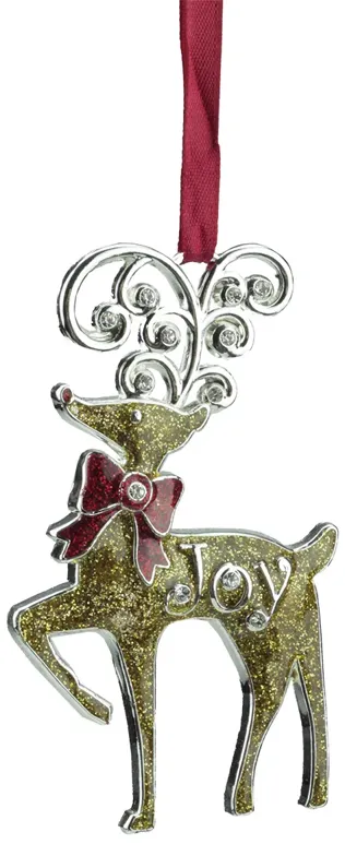 3.75" Gold and Red European Glitter "Joy" Reindeer Christmas Ornament