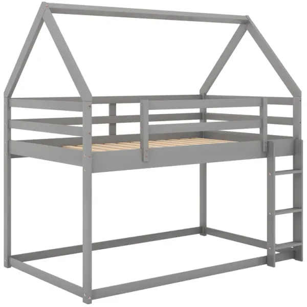 Whisen House-shaped Twin over Twin Low Bunk Bed with Ladder - Gray