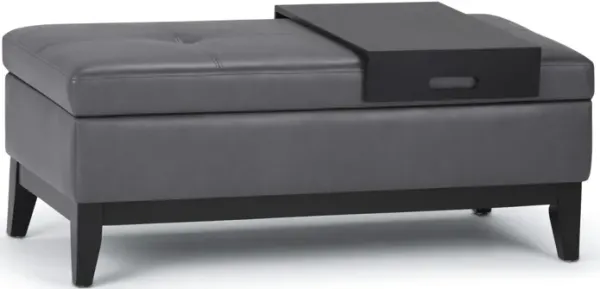 Oregon 42 inch Wide Contemporary Rectangle Storage Ottoman Bench with Tray in Stone Grey Faux Leather
