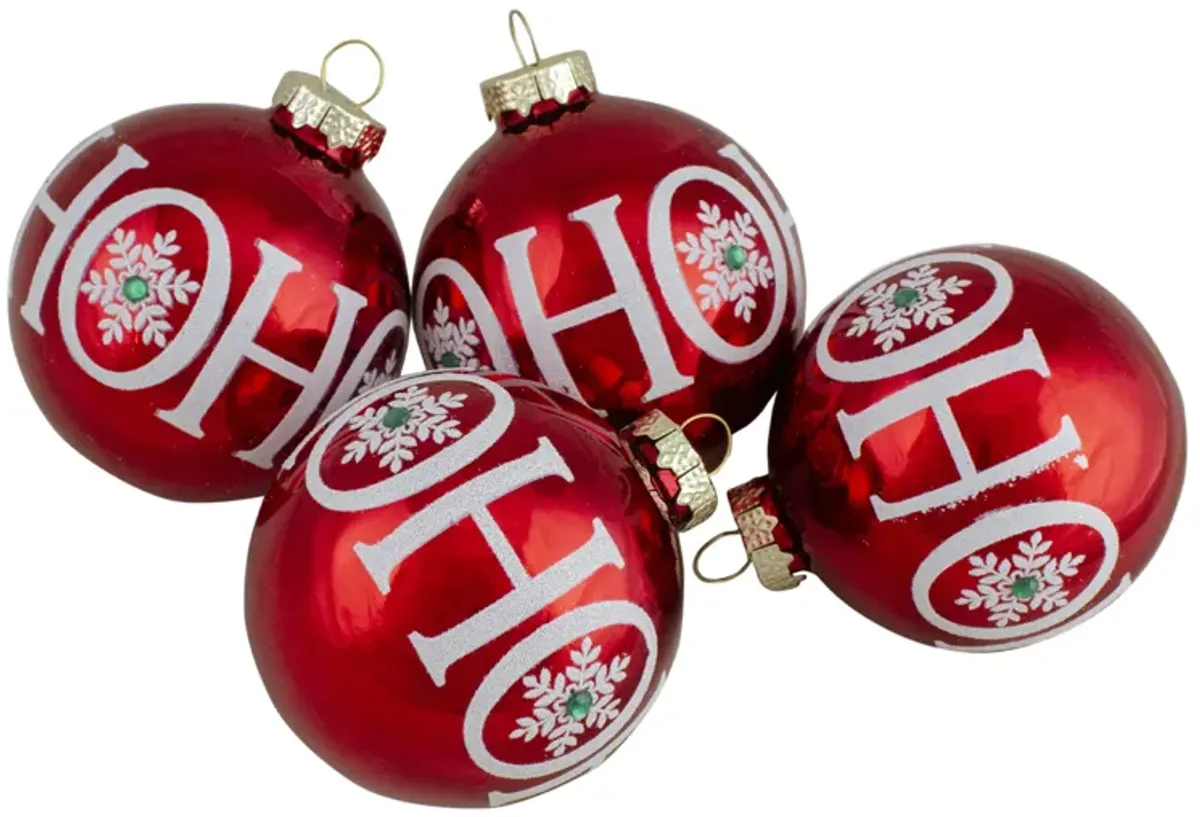 Set of 4 Red Ho Ho Ho Glass Ball Christmas Ornaments 3.25-Inch (80mm)