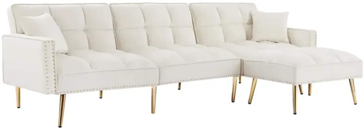 Cream Velvet Upholstered Reversible Sectional Sofa Bed, L-Shaped Couch With Ottoman