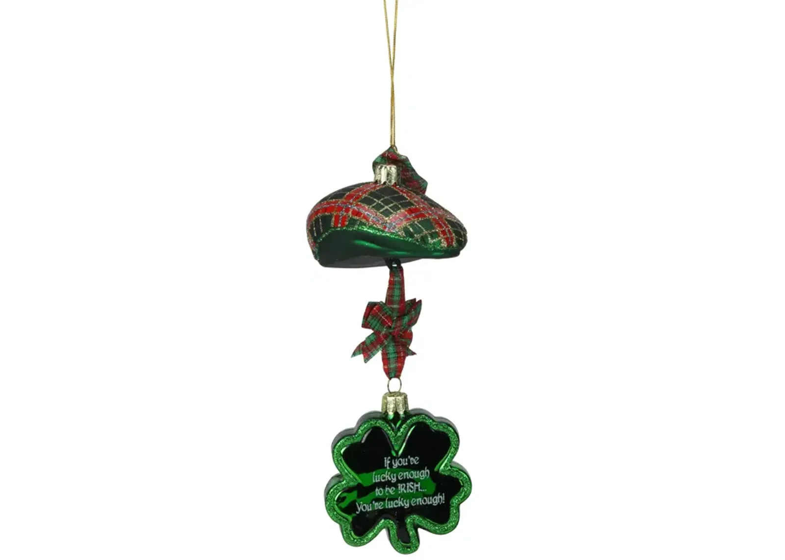 9" Noble Gems Luck of the Irish Glittered Glass Plaid Cap with Shamrock Christmas Ornament