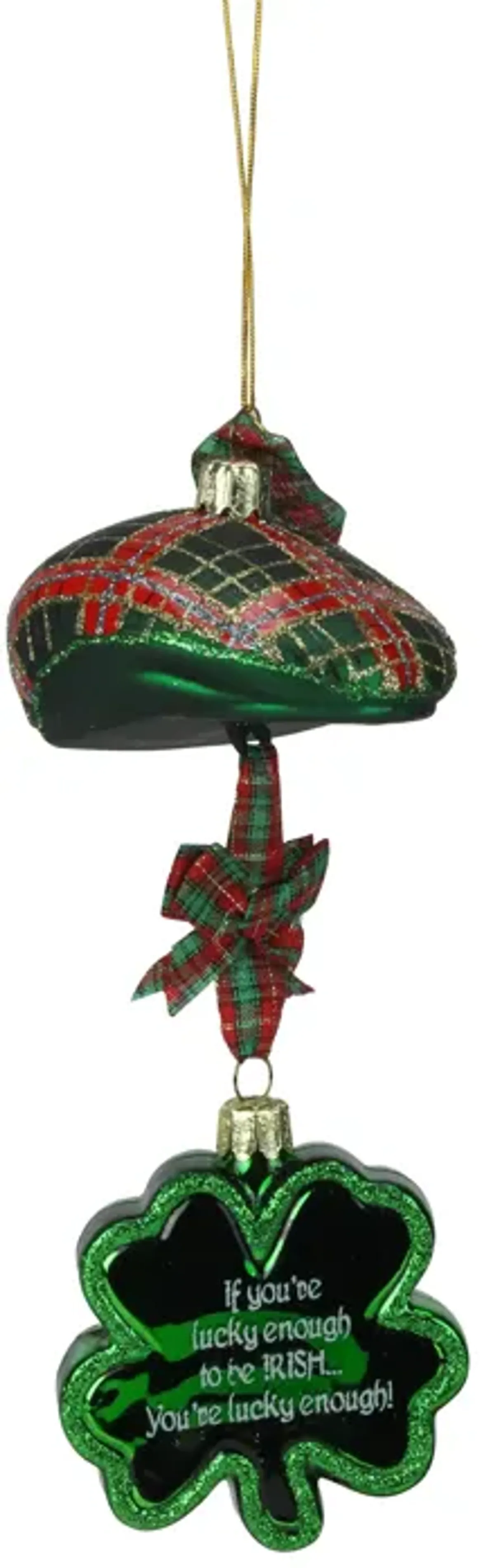 9" Noble Gems Luck of the Irish Glittered Glass Plaid Cap with Shamrock Christmas Ornament