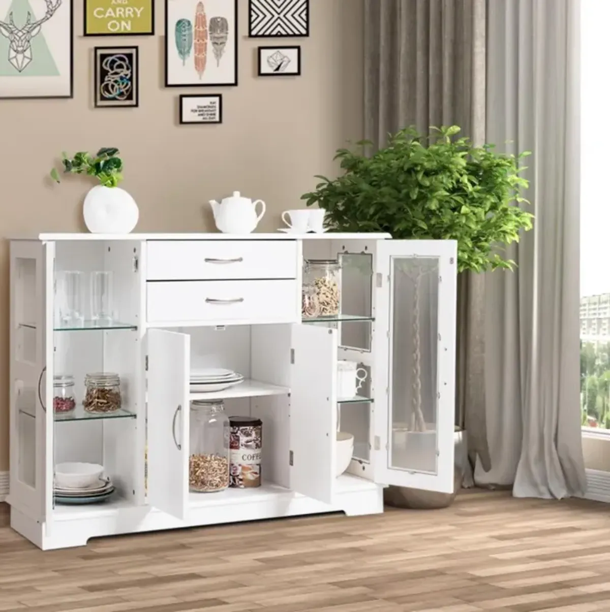 Hivvago Sideboard Buffet Server Storage Cabinet with 2 Drawers and Glass Doors