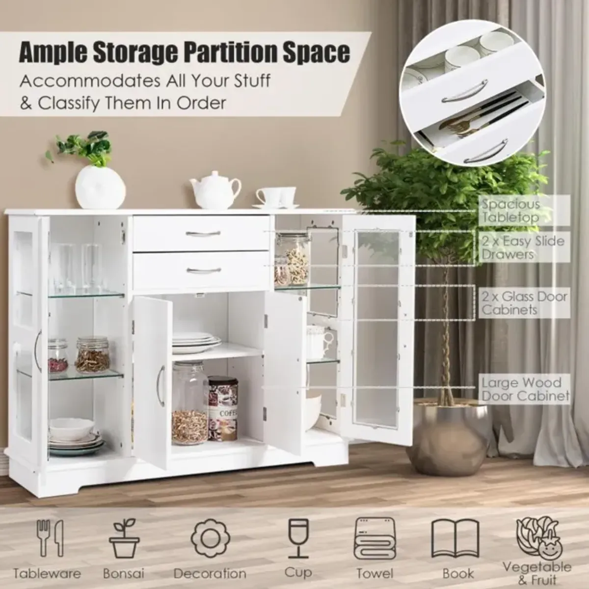 Hivvago Sideboard Buffet Server Storage Cabinet with 2 Drawers and Glass Doors