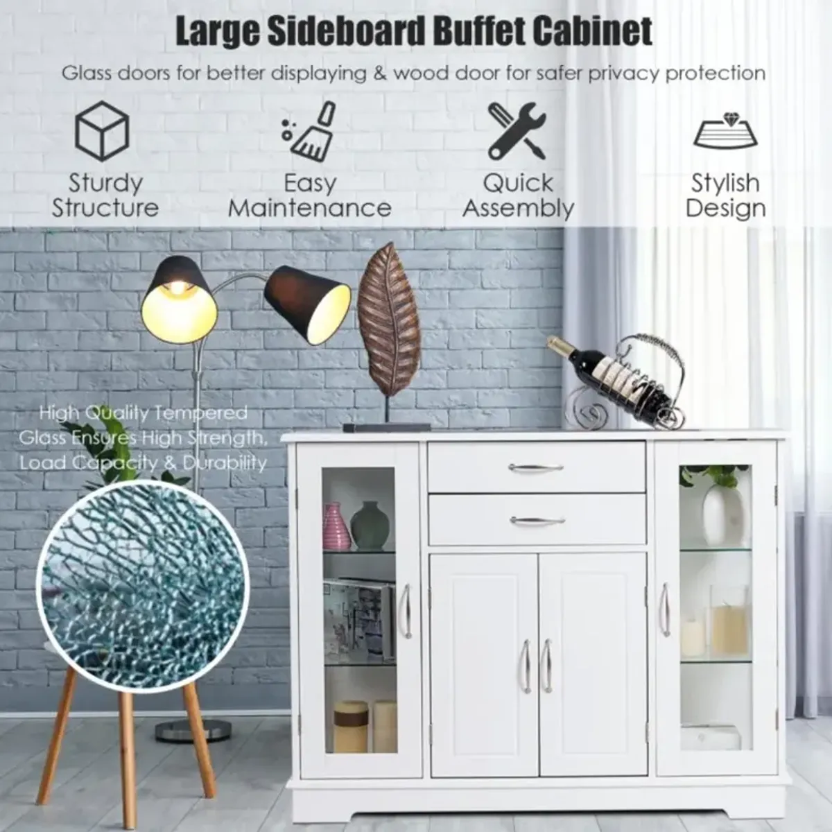 Hivvago Sideboard Buffet Server Storage Cabinet with 2 Drawers and Glass Doors